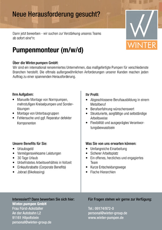 Stellenanzeige-Pumpenmonteur